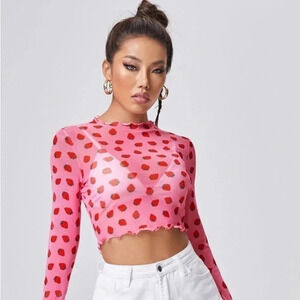 Vibrant Bright Pink Strawberry Crop Mesh Top